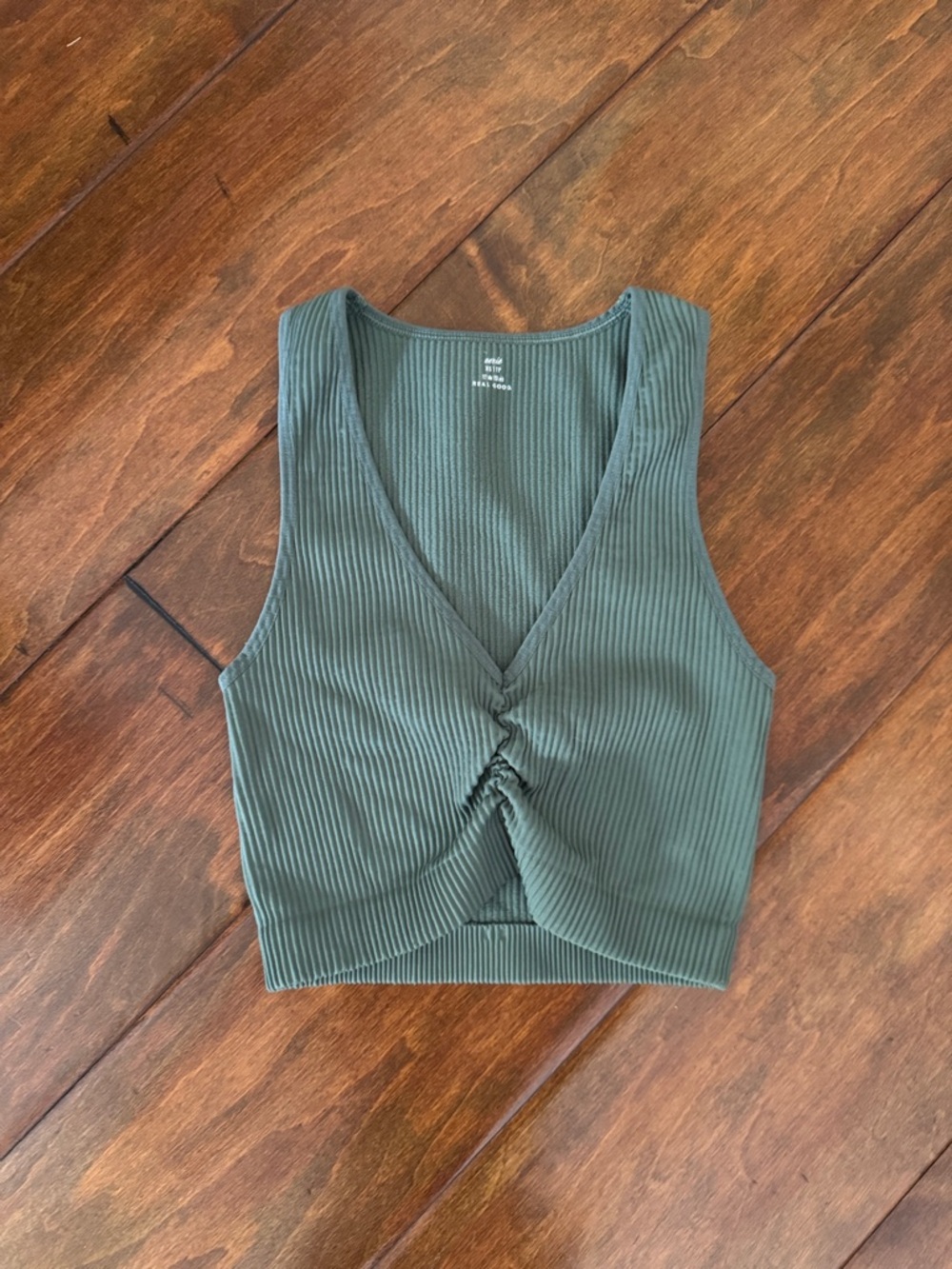 aerie Olive Green Ribbed Twist-Front Crop Tank